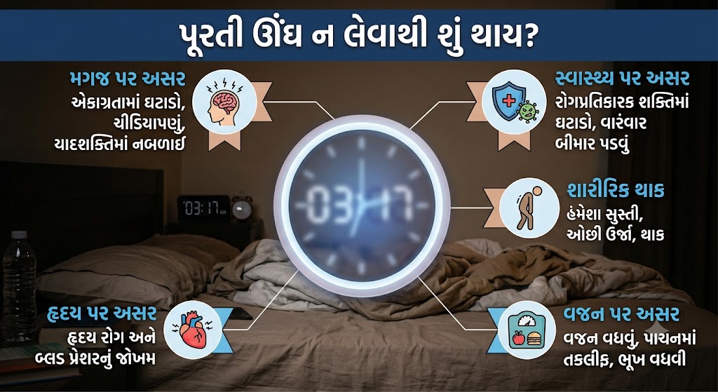 પૂરતી ઊંઘ ન લેવાથી શું થાય? 😴 જાણો શરીર અને મન પર થતી અસરો, લક્ષણો અને ઊંઘ સુધારવાની સરળ રીતો