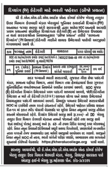 Kheralu Arts and Commerce College Recruitment 2026